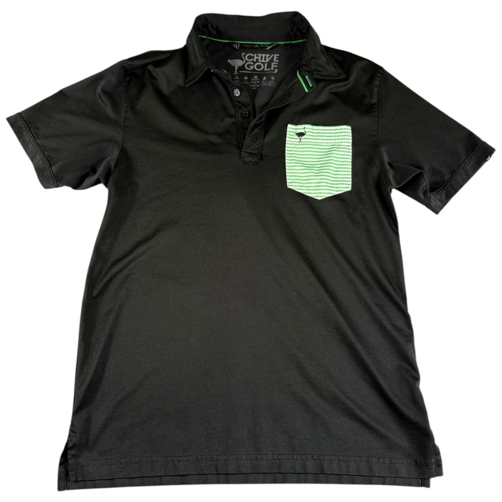 Travis Mathew Schive Golf Polo Shirt Mens Black Green‎ Stripe Pocket Performance